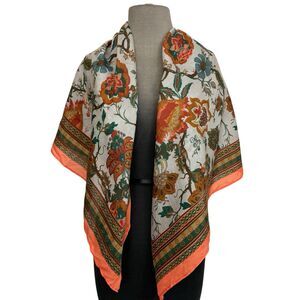 Peruvian Connection Large Scarf Shawl Rayon Floral Brown Orange Green 41x42